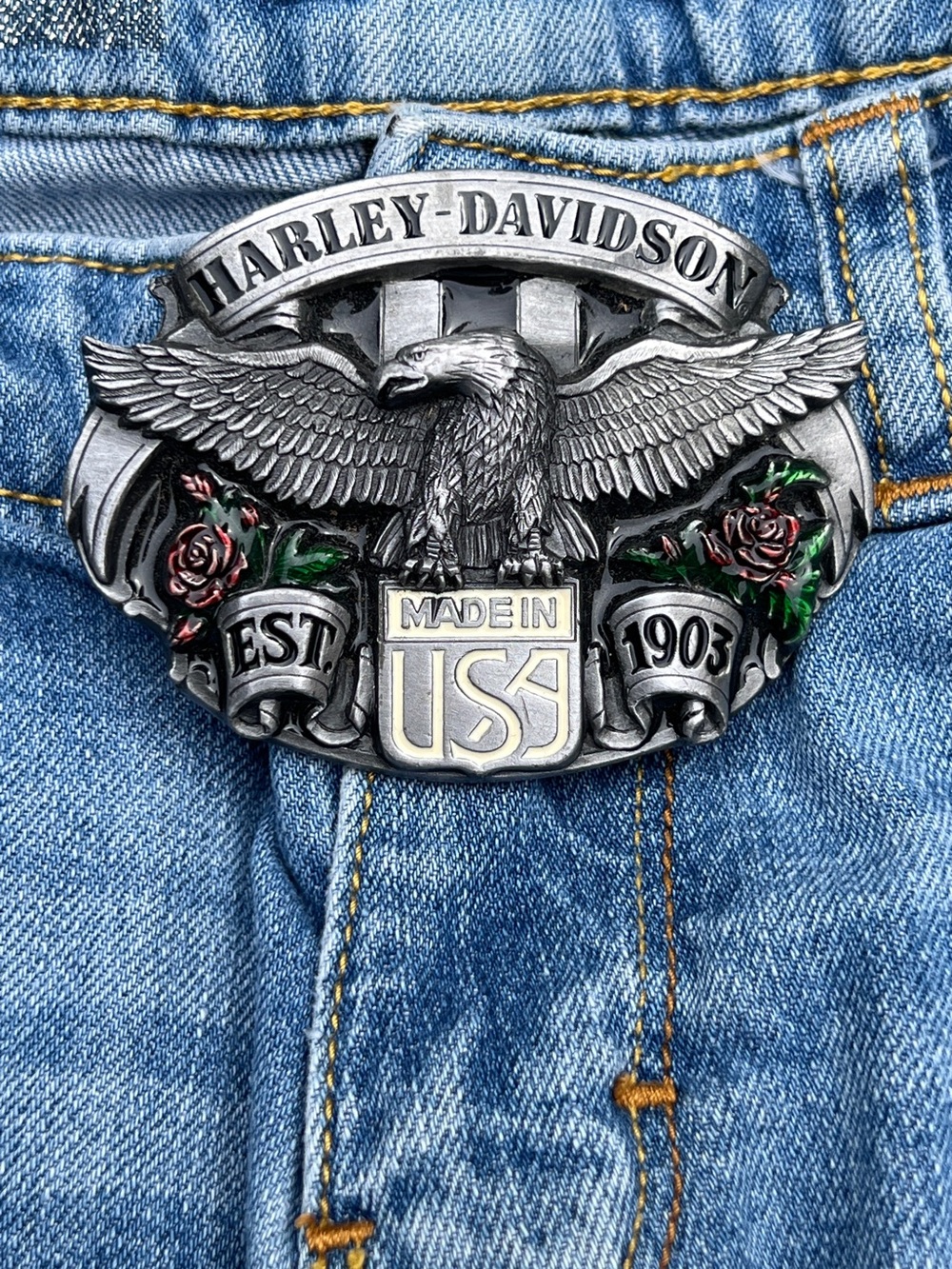 Vintage 80’s Harley-Davidson Silver Eagle Belt Buckle with Red Rose Accents